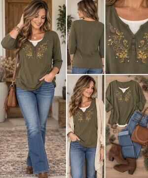Basic Editions Women’s Large Olive Green Embroidered 2Fer Henley Top Y2K Boho